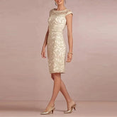 New Exquisite Mother of the Bride Dresses Lace Mother Gowns Knee Length Cap Sleeves Sheath Jewel Neck Wedding Party Gowns